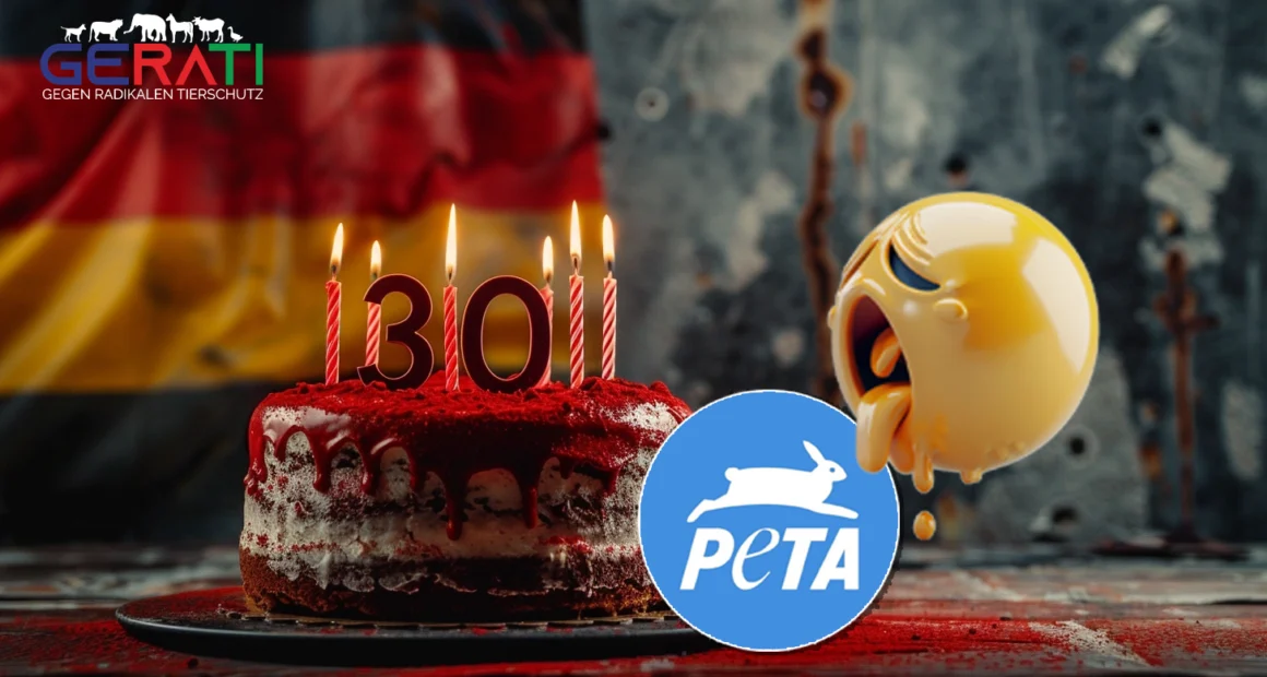 Dunkles und bedrohliches Bild eines roten Geburtstagskuchens mit der Zahl 30 als Kerzen, wasden Geburtstag von PETA Deutschland symbolisiert, begleitet von einem kotzenden Emoji, das die gesellschaftliche Einstellung zum Ereignis zeigt. Im Hintergrund ist die deutsche Flagge zu erkennen.