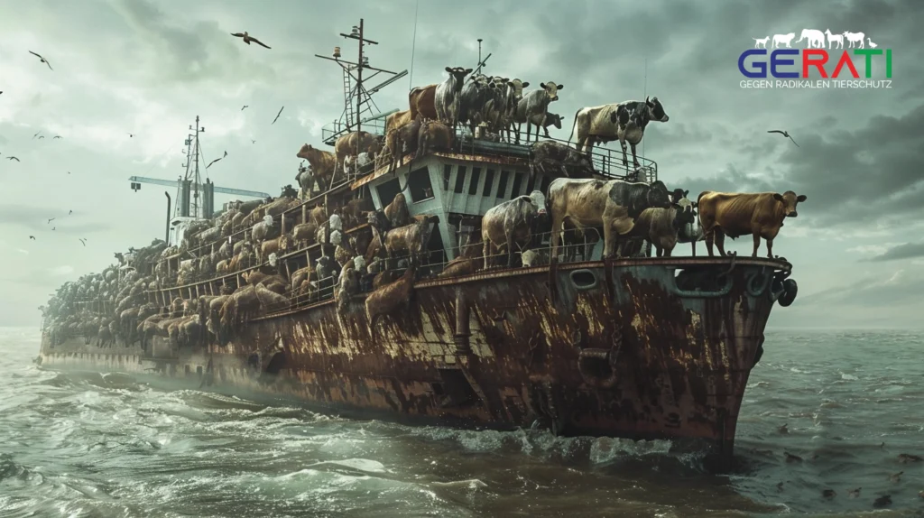 Ein überfülltes Tiertransport-Schiff im Hafen beladen mit Kühen in engen Verhältnissen, die auf ihre Entladung warten.