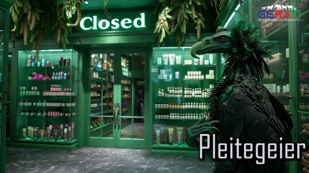 Ein trauriges Bild einer geschlossenen, veganen Beauty-Store The Body Shop Insolvenz, in dem ein dunkler, verwahrloster Geier um Almosen bittet.