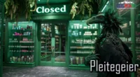 Ein trauriges Bild einer geschlossenen, veganen Beauty-Store The Body Shop Insolvenz, in dem ein dunkler, verwahrloster Geier um Almosen bittet.