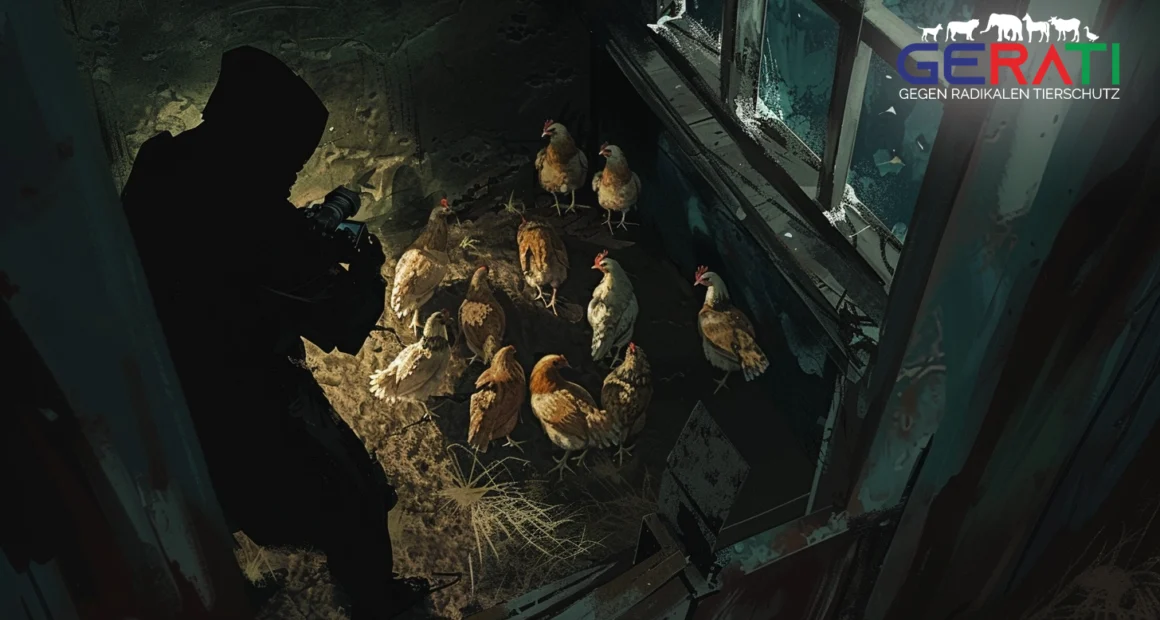 Mysteriöse Tierschutzvideos in einem Hühnerstall, die beleuchteten Hühner wirken ängstlich und verstört.