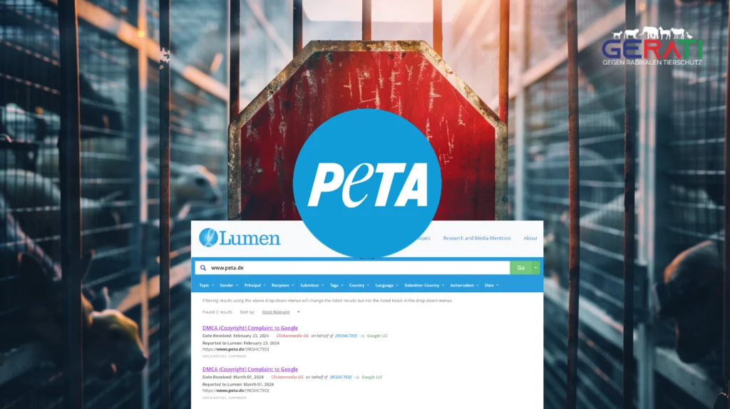 Ein rotes Stoppschild mit dem Logo von PETA in der Mitte, umgeben von zwei Google DMCA-Strikes. Im Hintergrund ist ein verschwommenes Bild von Tieren in Käfigen zu sehen.