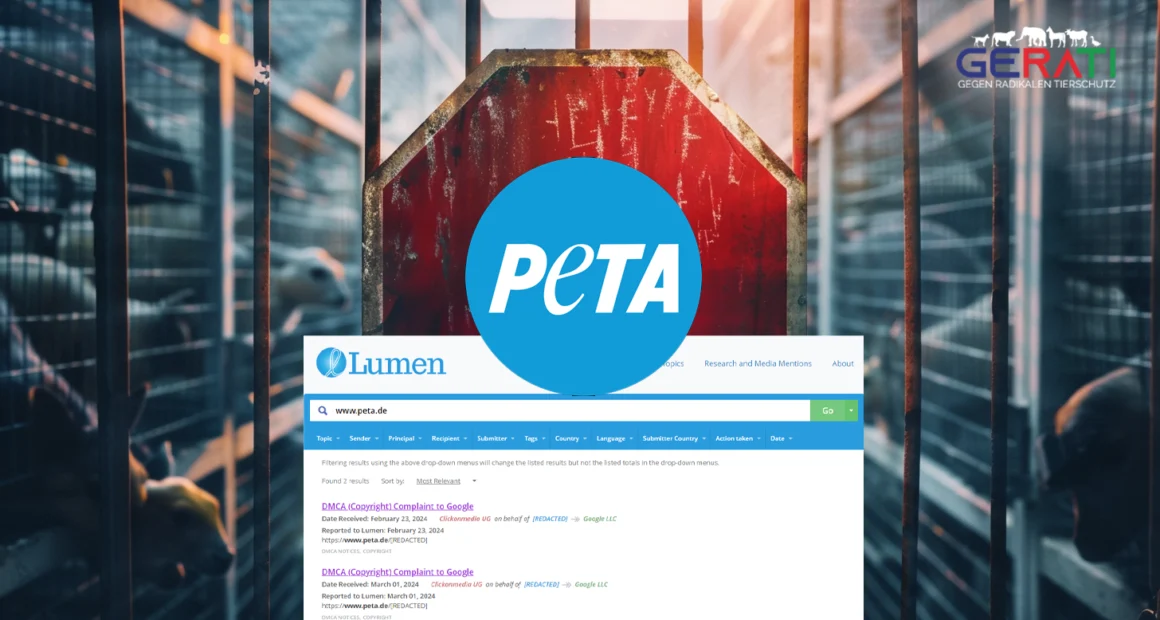 Ein rotes Stoppschild mit dem Logo von PETA in der Mitte, umgeben von zwei Google DMCA-Strikes. Im Hintergrund ist ein verschwommenes Bild von Tieren in Käfigen zu sehen.