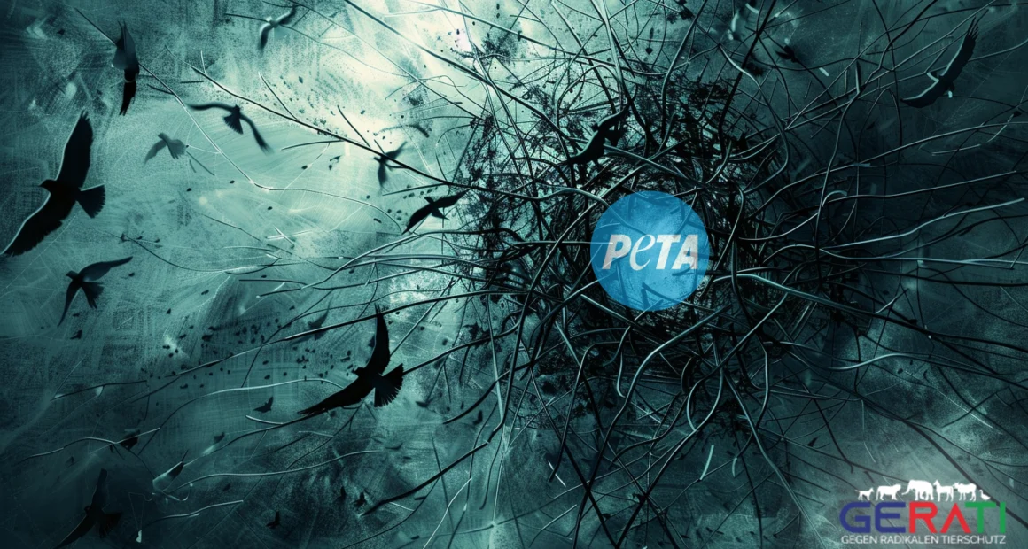 Ein Bild von PETA Logo, umgeben von einem verworrenen Netzwerk aus Fehlinformationen, mit Pfeilen, die nach außen zeigen.