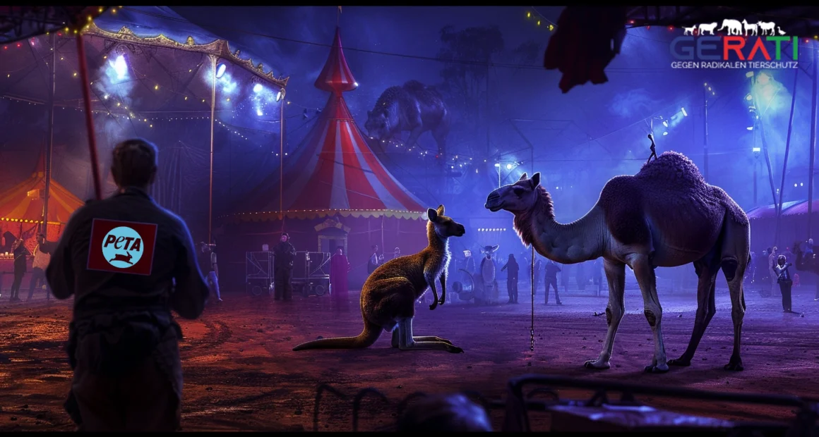 Eine kunterbunte Zirkusmanagementszene mit einem Känguru, einem Kamel und einem PETA - Aktivisten im Vordergrund.