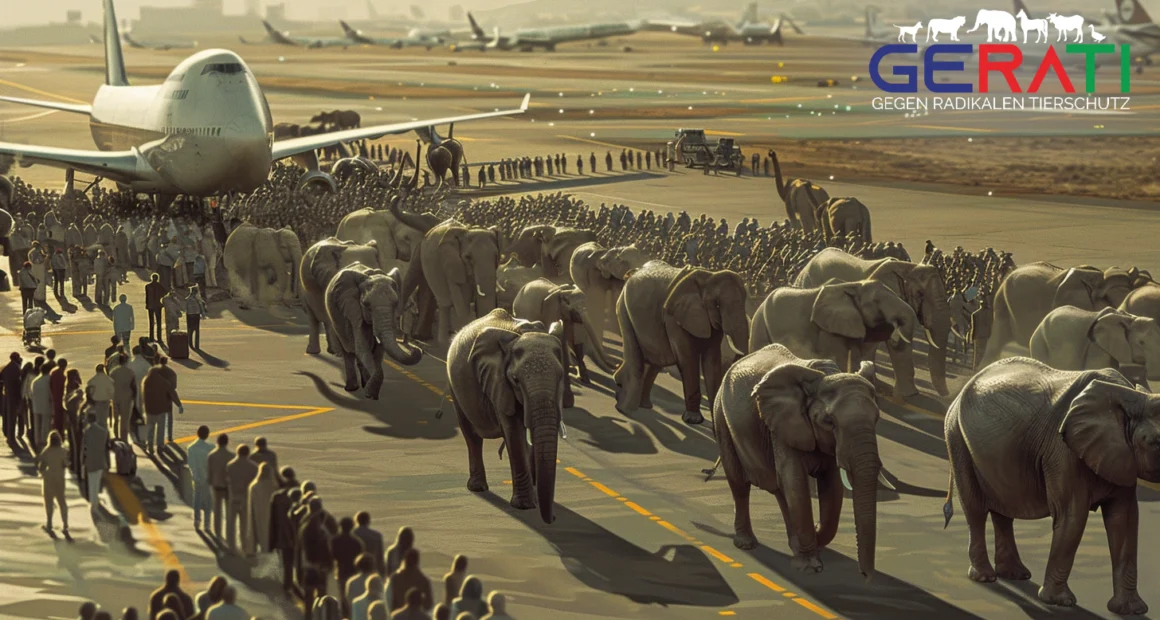 Eine ungewöhnliche Szene am Flughafen: 20.000 Elefanten warten diszipliniert auf ihren Flug nach Deutschland, während Menschen und Beamte verwirrt zuschauen.