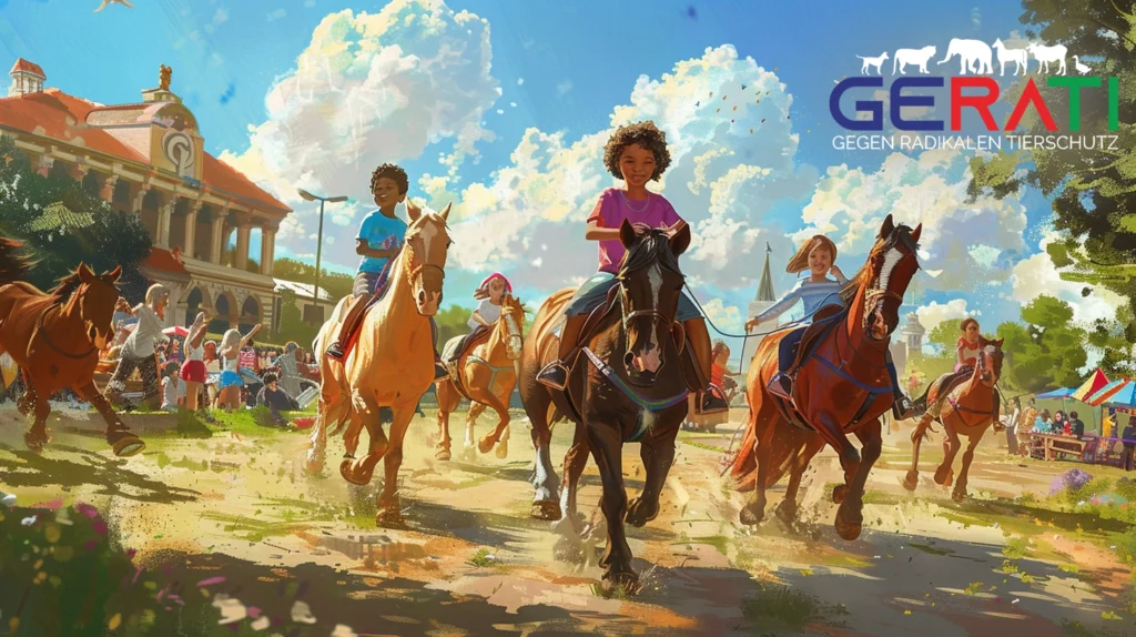 Eine vielfältige Gruppe von Kindern reitet fröhlich Ponys in einem weitläufigen Park unter dem sonnigen Himmel, während im Hintergrund eine friedliche Protestaktion zu sehen ist.