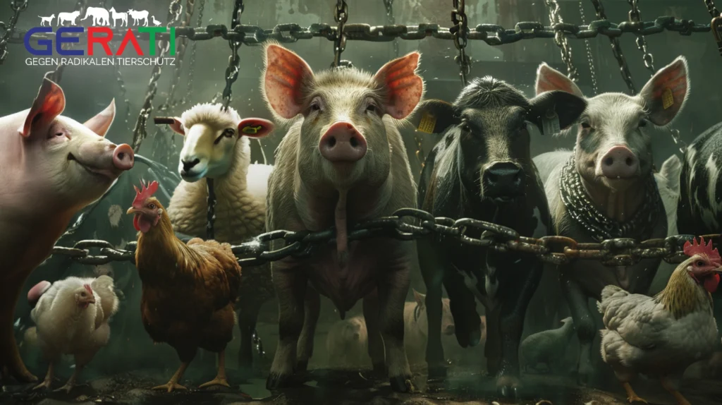 Eine vielfältige Gruppe von Tieren (Schweine, Kühe, Schafe, Hühner) steht vereint zusammen, umgeben von Ketten, die Befreiung und Veränderung im Tierschutz symbolisieren.