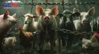 Eine vielfältige Gruppe von Tieren (Schweine, Kühe, Schafe, Hühner) steht vereint zusammen, umgeben von Ketten, die Befreiung und Veränderung im Tierschutz symbolisieren.