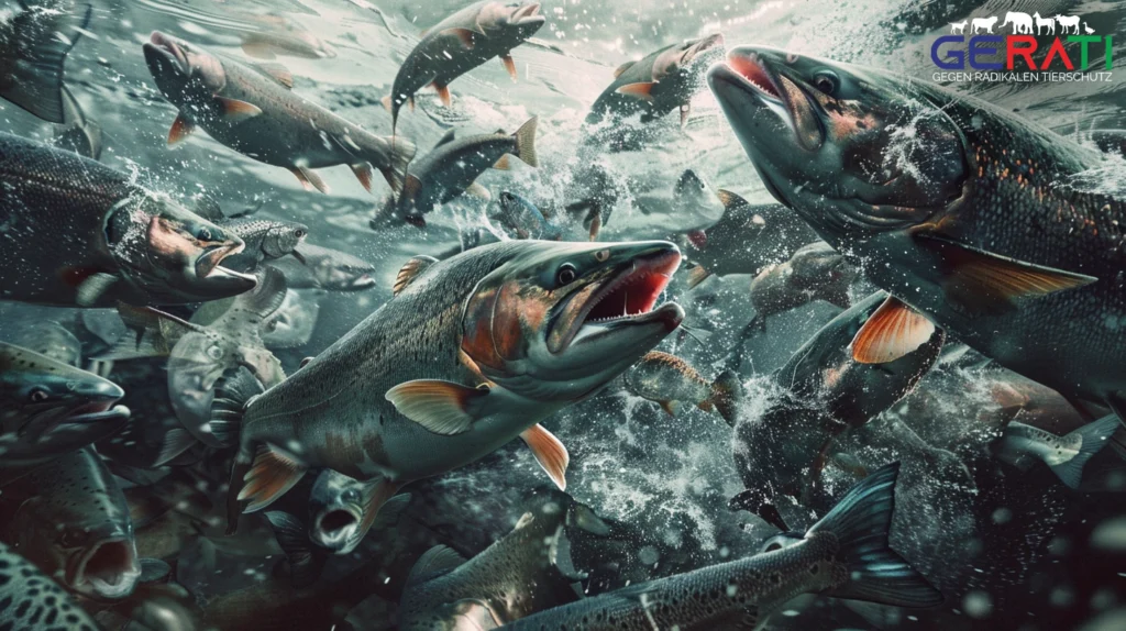 Ein Bild einer überfüllten Lachszucht mit deformierten Fischen, verschmutztem Wasser und gestressten Arbeitern, das die Umwelt- und ethischen Bedenken der industriellen Lachszucht verdeutlicht.