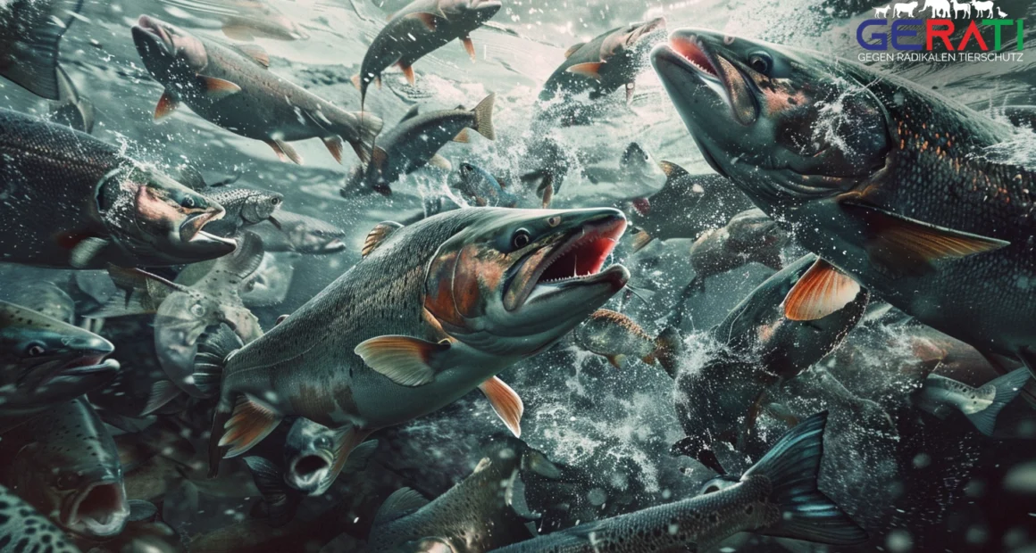Ein Bild einer überfüllten Lachszucht mit deformierten Fischen, verschmutztem Wasser und gestressten Arbeitern, das die Umwelt- und ethischen Bedenken der industriellen Lachszucht verdeutlicht.