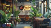 Ein modernes veganes Restaurant mit eleganten Möbeln und pflanzlicher Dekoration, in dem ein 'vegan'-Schild durch ein 'Fleisch'-Schild ersetzt wird, was Kontroversen und Protest auslöst.