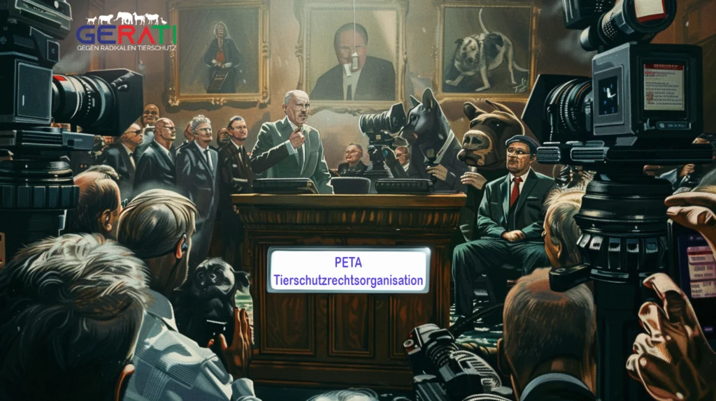 Satirische Darstellung von PETA als 'Tierschutzrechtsorganisation' mit Tieren als Klienten in einem Gerichtssaal, PETA-Aktivisten in Anwaltstracht mit provokativen Schildern und Medienkameras, die auf einen inszenierten Protest fokussiert sind.