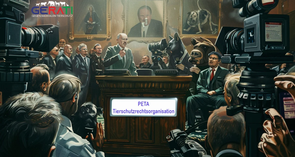 Satirische Darstellung von PETA als 'Tierschutzrechtsorganisation' mit Tieren als Klienten in einem Gerichtssaal, PETA-Aktivisten in Anwaltstracht mit provokativen Schildern und Medienkameras, die auf einen inszenierten Protest fokussiert sind.