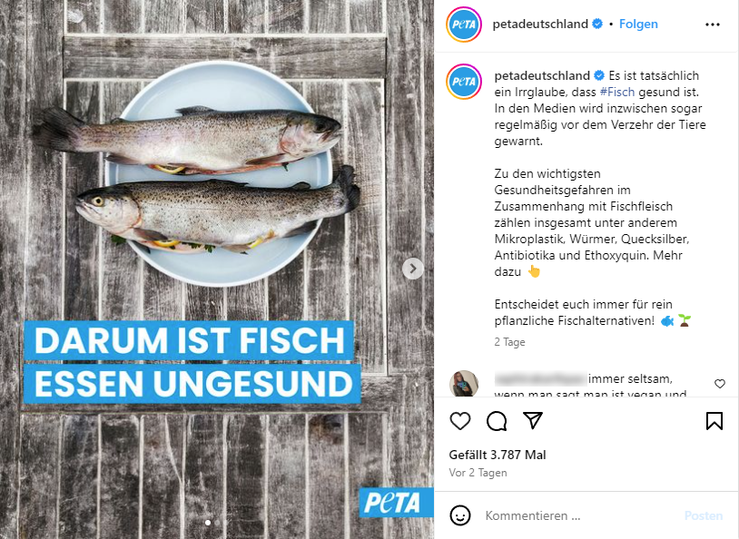 Instagram-Post von PETA, der behauptet, dass Fisch ungesund ist und gesundheitliche Risiken wie Mikroplastik, Würmer, Quecksilber, Antibiotika und Ethoxyquin auflistet.