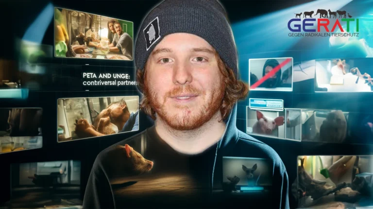 Ein zwiespältiges Bild von Simon Unge und PETA-Logo, das die Zusammenarbeit und die damit verbundenen Kontroversen symbolisiert.