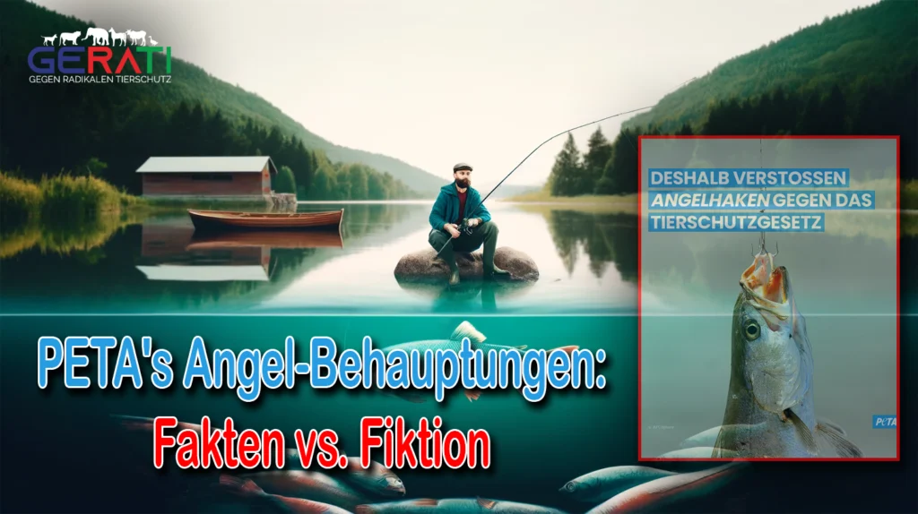 Angler an einem ruhigen See, der humane Angelpraktiken verwendet, umgeben von Natur mit dem Text "PETA´s Angel-Behauptungen: Fakten vs. Fiktion".