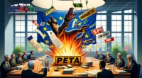 Ein juristisches Dokument mit einer Europaflagge im Hintergrund, umgeben von Parteilogos (CDU, CSU, Grüne, SPD, AfD, Die Linke, FDP). Im Vordergrund wird das PETA-Logo symbolisch von einer Figur, die das Finanzamt repräsentiert, der 'Gemeinnützigkeit' entzogen. Die Szene ist in einer formellen, neutralen Büroumgebung dargestellt.