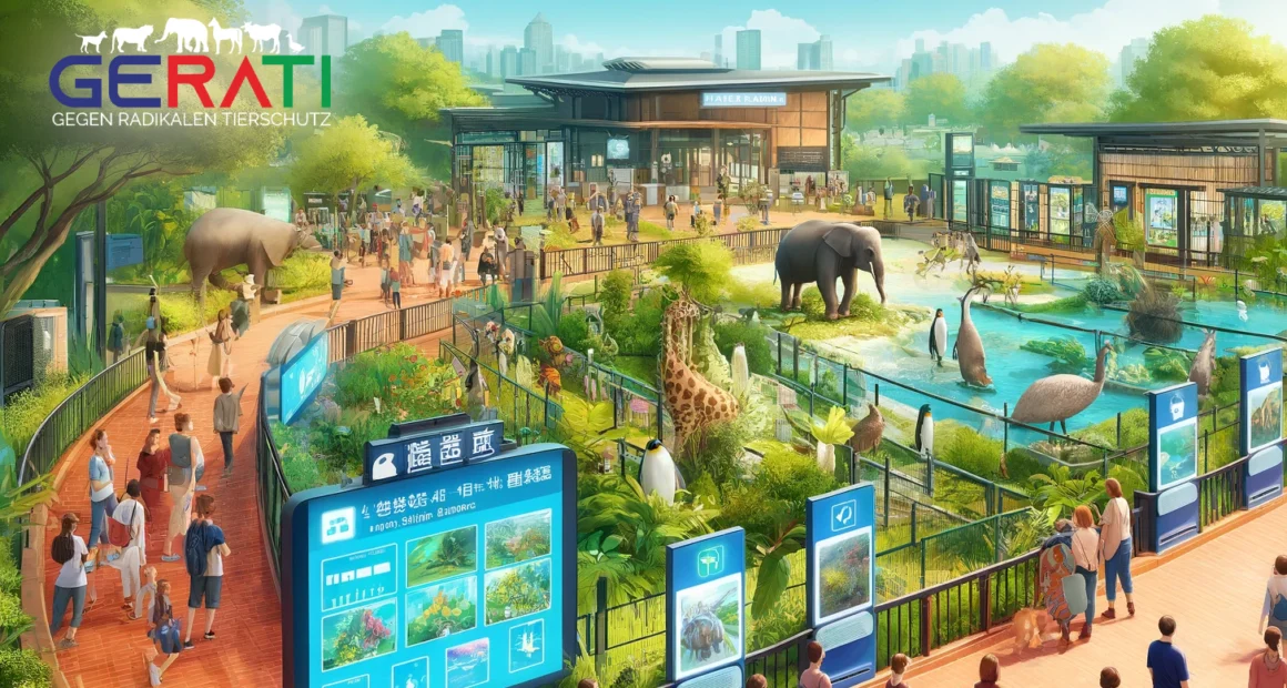 Ein Zoo mit Besuchern, die interaktive Bildungsprogramme über Naturschutz und Biodiversität erleben.