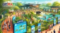 Ein Zoo mit Besuchern, die interaktive Bildungsprogramme über Naturschutz und Biodiversität erleben.