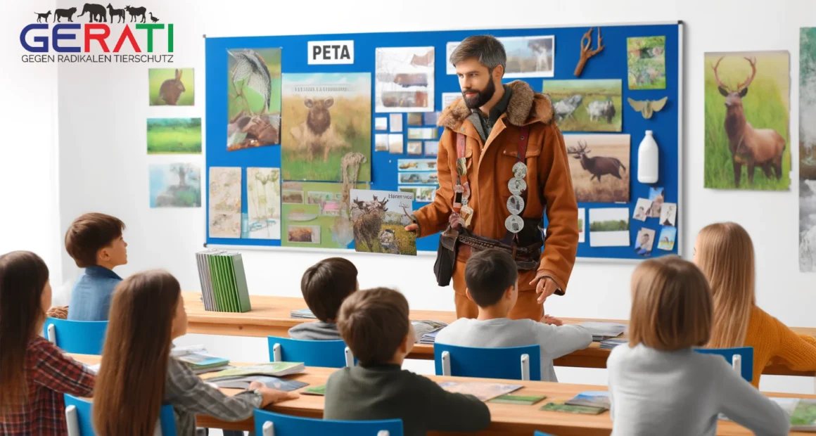 Ein Jäger erklärt in einem Klassenzimmer Schülern die Bedeutung von Natur und ökologischem Gleichgewicht, während im Hintergrund abgelehnte PETA-Materialien zu sehen sind.