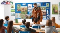 Ein Jäger erklärt in einem Klassenzimmer Schülern die Bedeutung von Natur und ökologischem Gleichgewicht, während im Hintergrund abgelehnte PETA-Materialien zu sehen sind.