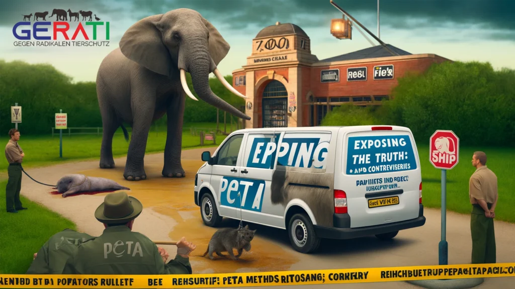 Ein kritisches Bild über PETA und die Verwendung des Elefantenhakens, das einen Elefanten, ein manipuliertes Video und einen Reichsbürger-Propaganda-Van vor einem Zooeingang mit dem PETA-Logo zeigt.