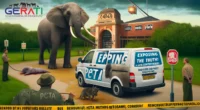 Ein kritisches Bild über PETA und die Verwendung des Elefantenhakens, das einen Elefanten, ein manipuliertes Video und einen Reichsbürger-Propaganda-Van vor einem Zooeingang mit dem PETA-Logo zeigt.
