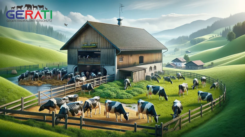 Ein traditioneller kleiner Bauernhof mit Kühen in einem Stall, die angebunden sind, und einer weiteren Gruppe von Kühen, die auf einer grünen Weide grasen. Im Hintergrund sind sanfte Hügel und ein klarer blauer Himmel zu sehen.