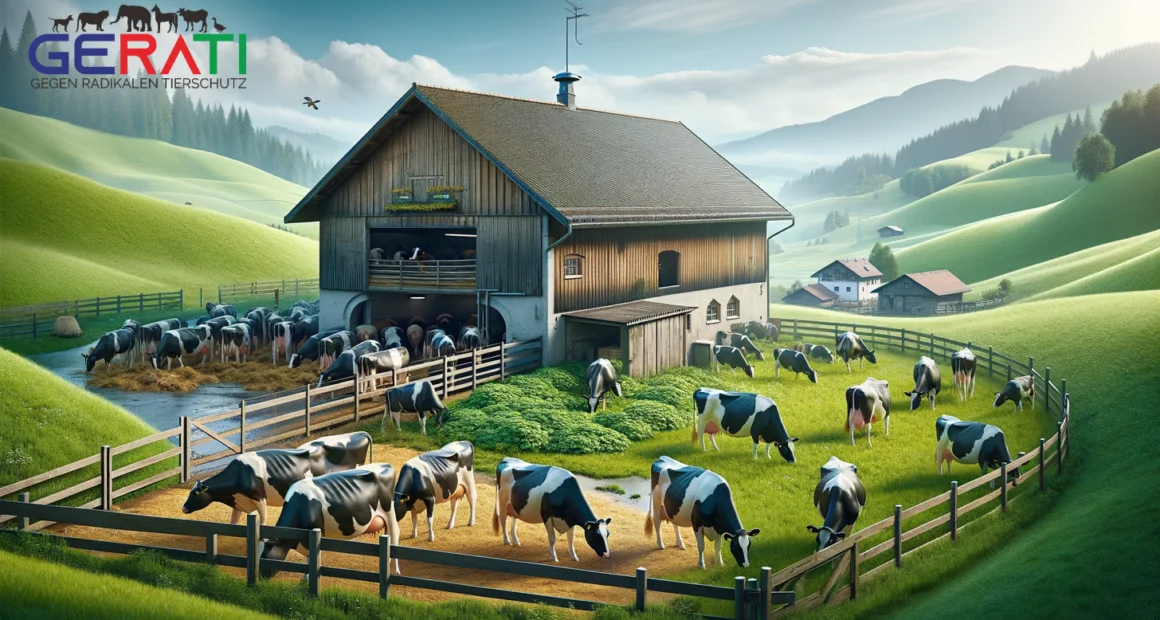 Ein traditioneller kleiner Bauernhof mit Kühen in einem Stall, die angebunden sind, und einer weiteren Gruppe von Kühen, die auf einer grünen Weide grasen. Im Hintergrund sind sanfte Hügel und ein klarer blauer Himmel zu sehen.