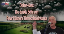 Eine friedliche Hundeschutzhütte mit spielenden Hunden im Vordergrund und dunklen, bedrohlichen Wolken im Hintergrund, die Online-Hass und Manipulation darstellen.