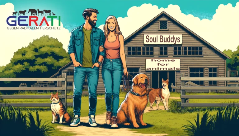 Dennis Grundt und seine Partnerin Kati vor dem „Soul Buddys“-Hof mit geretteten Hunden und Katzen im Hintergrund.