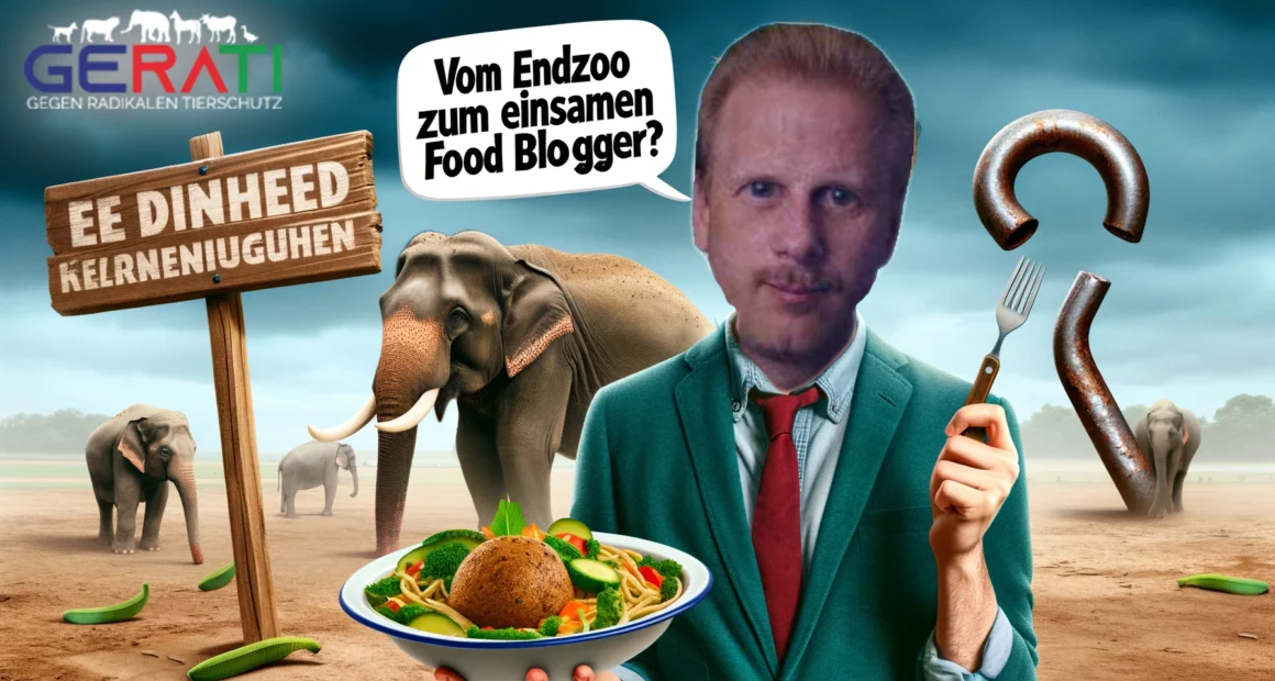 Frank Albrecht als verwirrter veganer Food Blogger, mit einem Zoo und einem Elefanten im Hintergrund und einem weggeworfenen Elefantenhaken im Vordergrund.