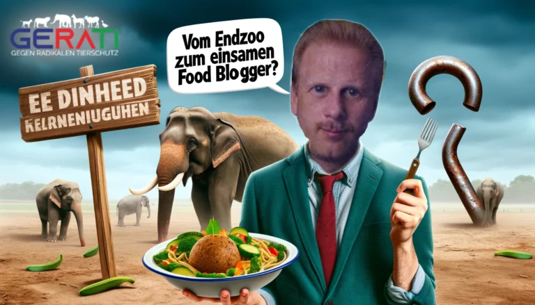 Frank Albrecht, ehemaliger Zooaktivist, jetzt veganer Food Blogger, am Küchentisch sitzend mit einem Laptop und einer Gemüsekreation vor sich.
