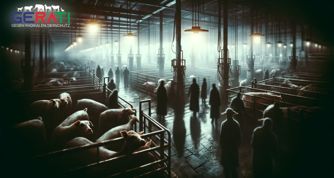 Ein dunkles, düsteres Bild eines industriellen Schlachthofs mit schwacher Beleuchtung. Im Vordergrund befinden sich bedrängte Tiere in Ställen. Im Hintergrund sind die Schattenfiguren von Arbeitern zu sehen, einige mit blutbefleckten Schürzen.
