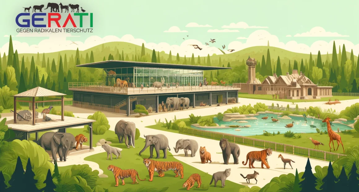Ein moderner Zoo mit Tieren in großzügigen, naturnahen Gehegen, darunter Elefanten, Tiger und Vögel, in einer üppig grünen Umgebung. Zoos und Artenschutz.