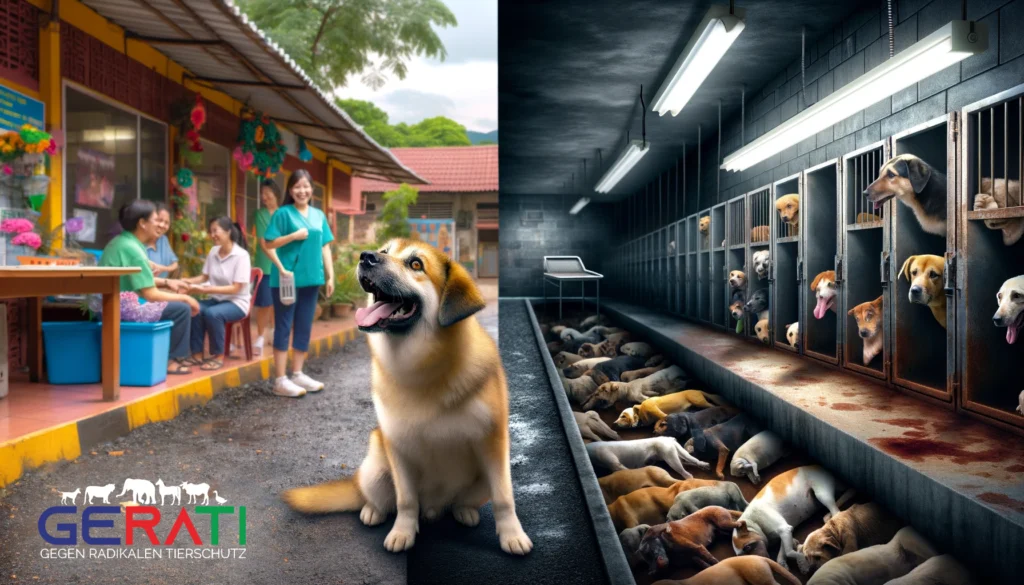 Ein fotorealistisches Bild zeigt einen Kontrast: Auf der einen Seite wird ein glücklicher, gesunder Straßenhund von Freiwilligen in einem Tierheim versorgt, auf der anderen Seite eine düstere Darstellung einer Einrichtung, in der viele Hunde eingeschläfert werden.