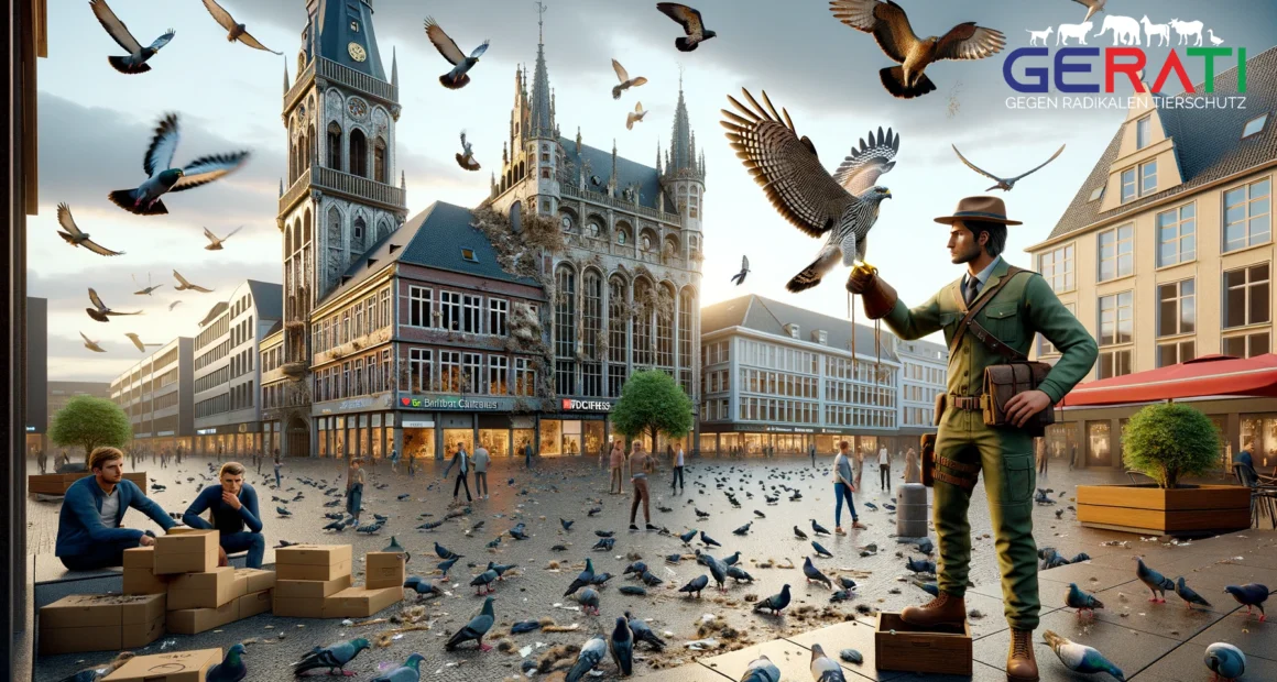 Ein Stadtplatz in Limburg, überlaufen von Tauben, mit beschädigten Gebäuden und einem Falkner, der bereit ist, die Taubenpopulation zu kontrollieren. Taubenproblem Limburg