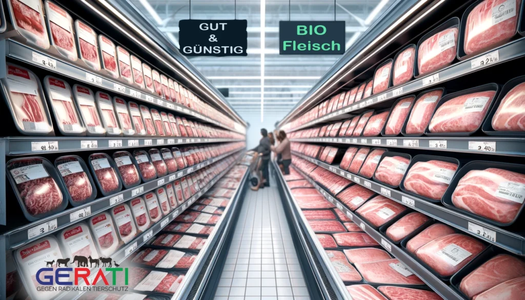 Ein fotorealistisches Bild eines Supermarkt-Fleischbereichs mit Regalen voller verpackter Fleischprodukte, einschließlich Schweinefleisch. Ein Abschnitt zeigt Bio-Fleisch mit klarer Kennzeichnung, während der Großteil normales Fleisch ohne spezielle Etiketten zeigt. Kunden wählen hauptsächlich das normale Fleisch, was den Preisunterschied hervorhebt.