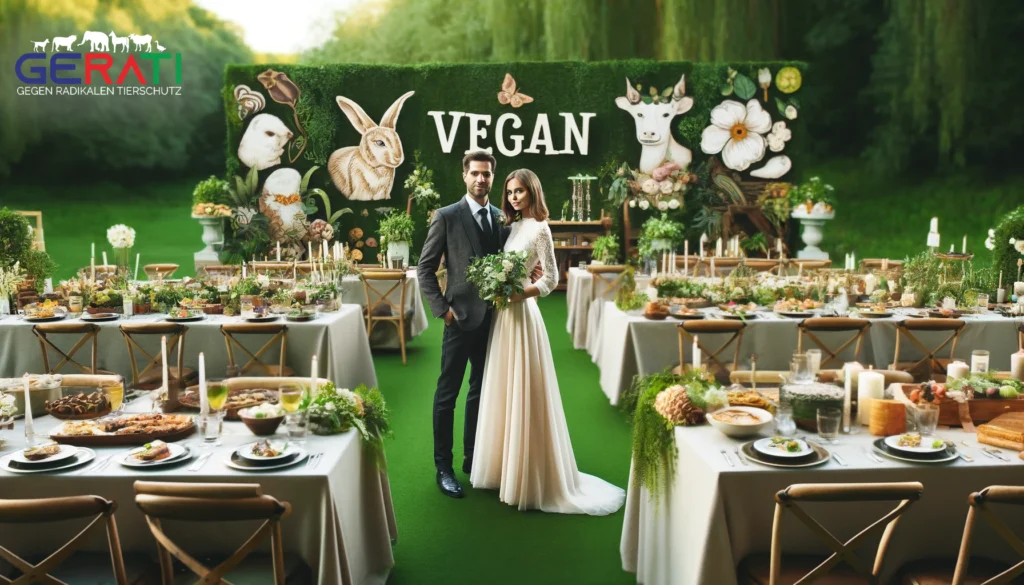 Ein wunderschön dekoriertes veganes Hochzeitsfest im Freien, mit elegant gedeckten Tischen, veganen Gerichten und pflanzlichen Dekorationen, während das Brautpaar in stilvoller, ökologisch freundlicher Kleidung vor einer grünen Gartenkulisse steht.
