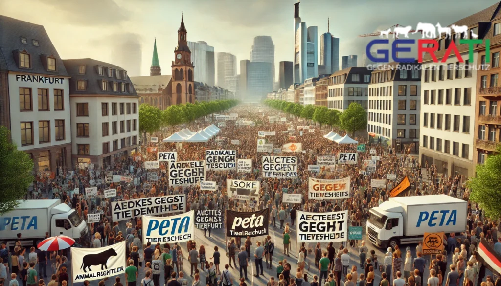 Eine Gruppe von Menschen protestiert in Frankfurt gegen Tierversuche, mit Bannern und Schildern von PETA, SOKO Tierschutz, Ärzte gegen Tierversuche und ARIWA, vor dem Hintergrund der Frankfurter Skyline.