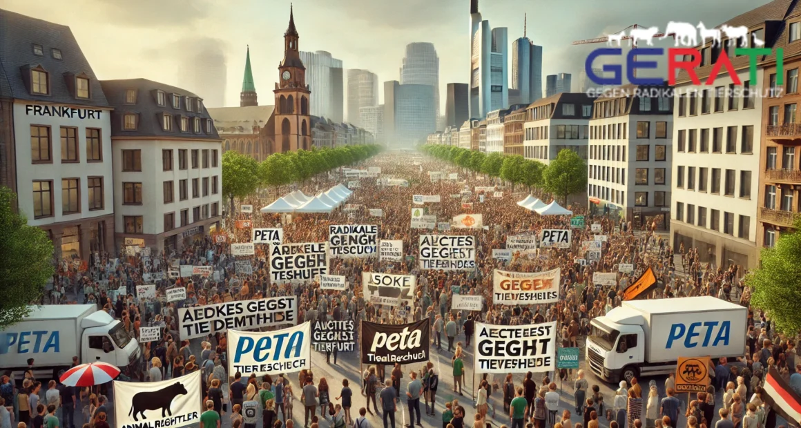 Eine Gruppe von Menschen protestiert in Frankfurt gegen Tierversuche, mit Bannern und Schildern von PETA, SOKO Tierschutz, Ärzte gegen Tierversuche und ARIWA, vor dem Hintergrund der Frankfurter Skyline.