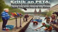 Ein Bild zeigt den Kontrast zwischen einem PETA-Vertreter, der eine Pressekonferenz gibt, und lokalen Fischern, die in einem verschmutzten Kanal Fische retten.