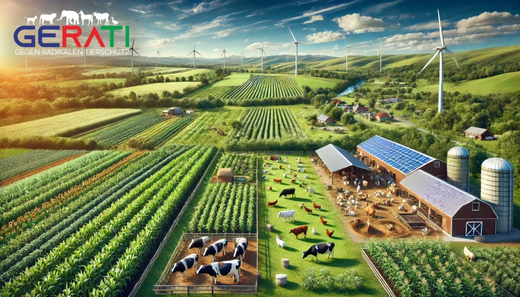 Eine florierende Mischfarm unter einem klaren blauen Himmel mit grünen Feldern, Tieren auf Weiden und erneuerbaren Energiequellen im Hintergrund, die eine effiziente Ernährung im Klimawandel darstellen.