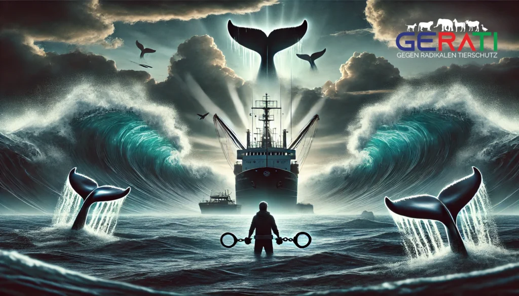 Paul Watson in Handschellen vor einem stürmischen Meer und zwei konfrontierenden Schiffen, mit Whale tails, die aus dem Wasser ragen, symbolisierend den Umwelt- und Tierschutzkontext.