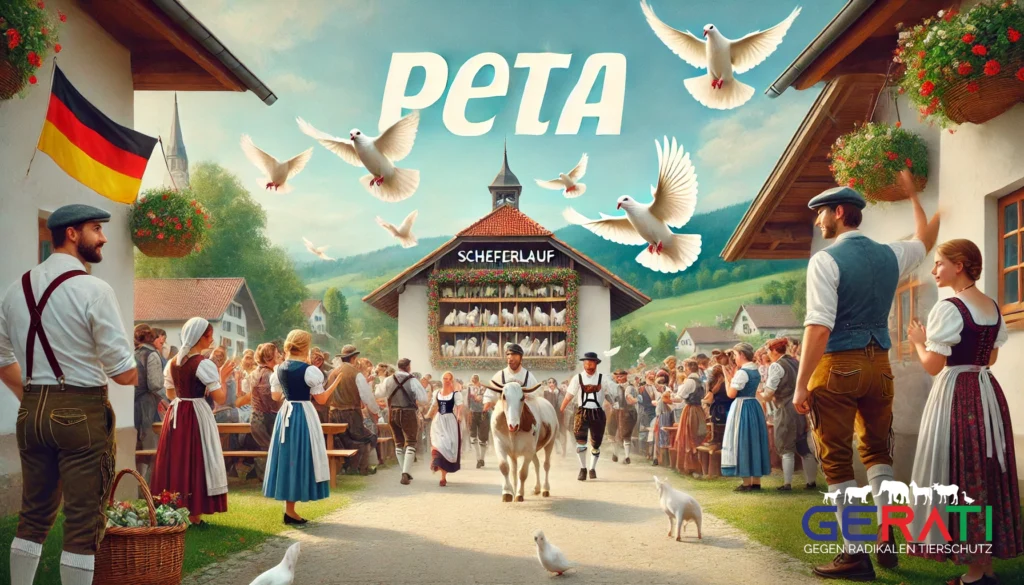 Traditionelles deutsches Festival mit weißen Tauben, die in den Himmel fliegen, im ländlichen Dorf - PETA im Fokus.