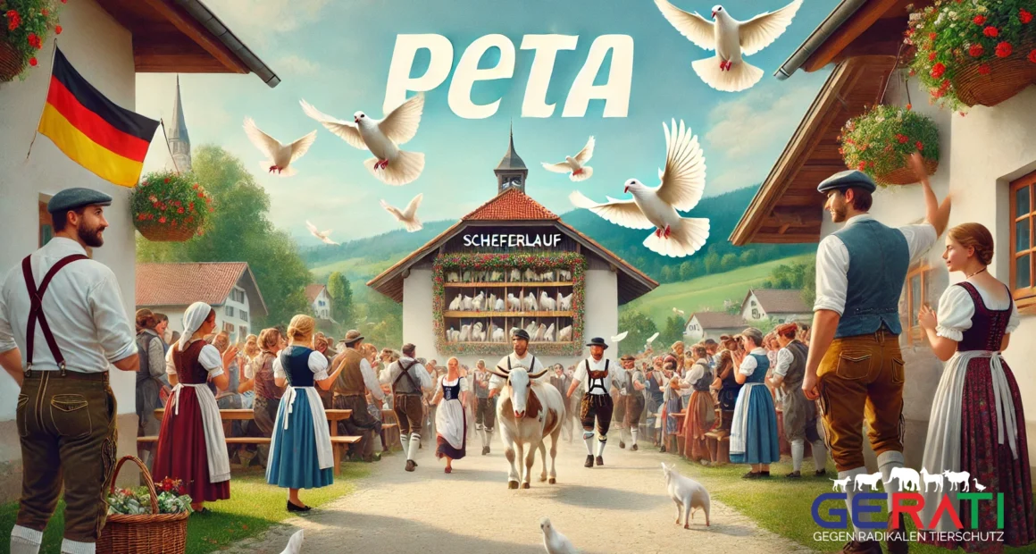 Traditionelles deutsches Festival mit weißen Tauben, die in den Himmel fliegen, im ländlichen Dorf - PETA im Fokus.