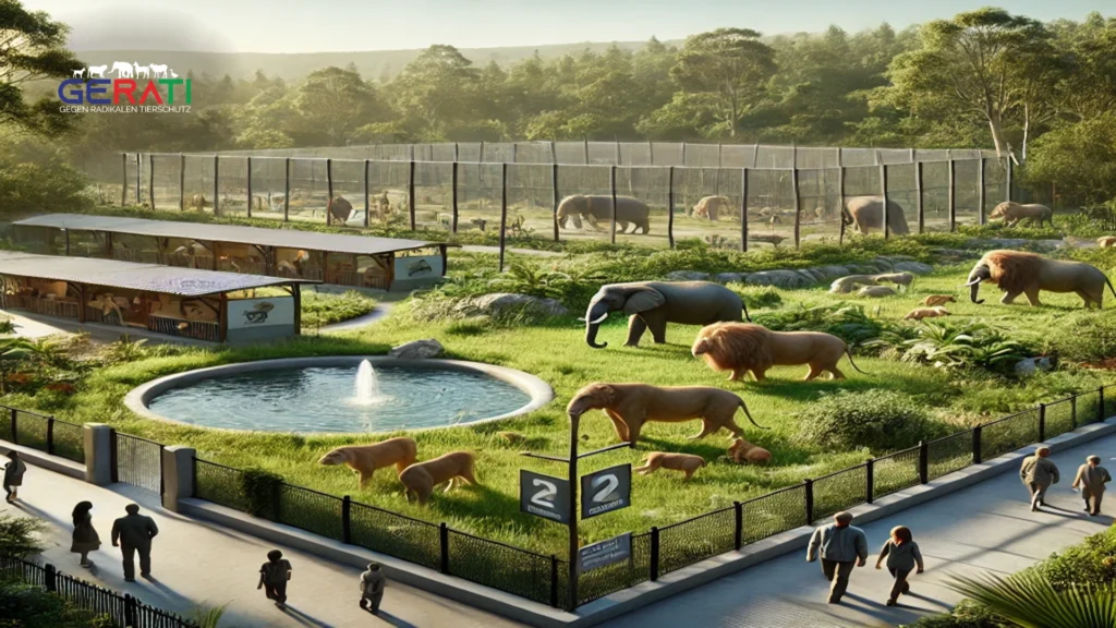 Ein moderner Zoo mit geräumigen, natürlichen Gehegen für Löwen und Elefanten, umgeben von üppiger Vegetation, der die wichtige Rolle von Zoos im Artenschutz zeigt.