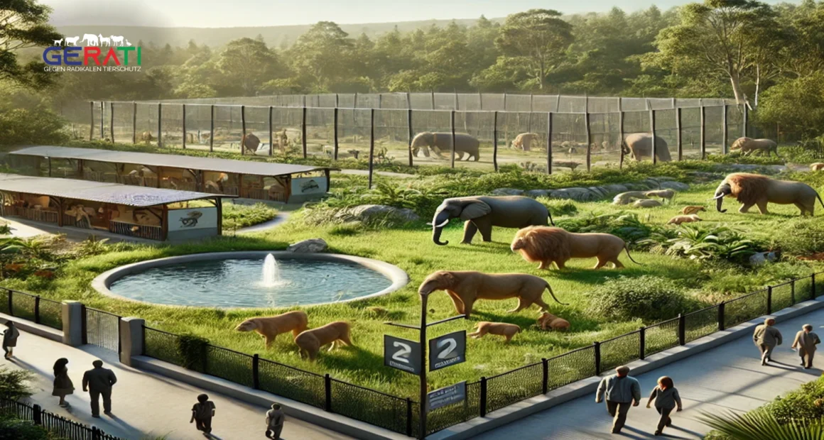 Ein moderner Zoo mit geräumigen, natürlichen Gehegen für Löwen und Elefanten, umgeben von üppiger Vegetation, der die wichtige Rolle von Zoos im Artenschutz zeigt.