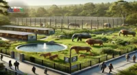 Ein moderner Zoo mit geräumigen, natürlichen Gehegen für Löwen und Elefanten, umgeben von üppiger Vegetation, der die wichtige Rolle von Zoos im Artenschutz zeigt.